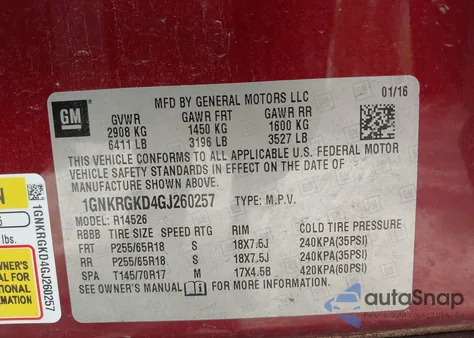 2016 Chevrolet Traverse 1Lt z USA, uszkodzony, nr VIN 1GNKRGKD4GJ260257